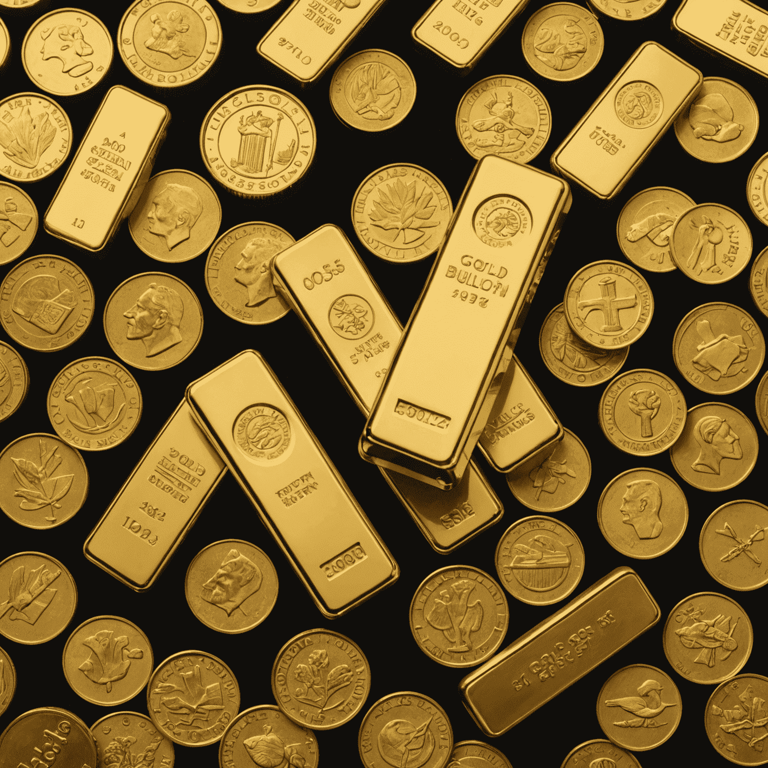 A collection of gold bullion bars and gold coins, symbolizing wealth and financial stability