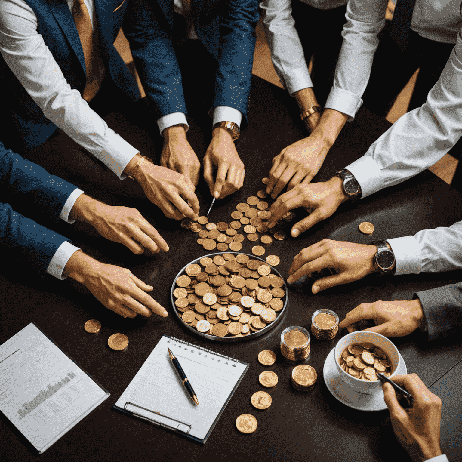 A team of professionals discussing ways to streamline business processes and improve efficiency in a modern office setting with gold coins and bullion on the table.