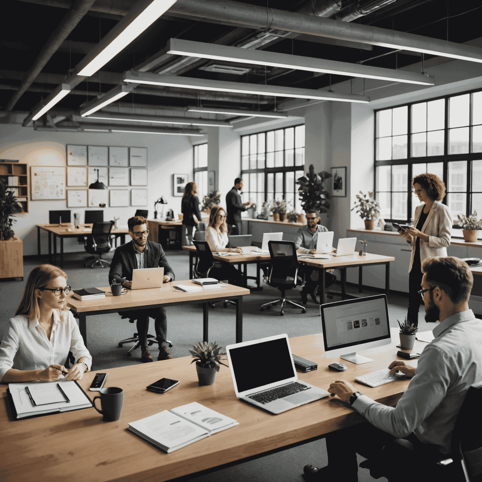 Modern office with employees using digital devices and collaboration tools