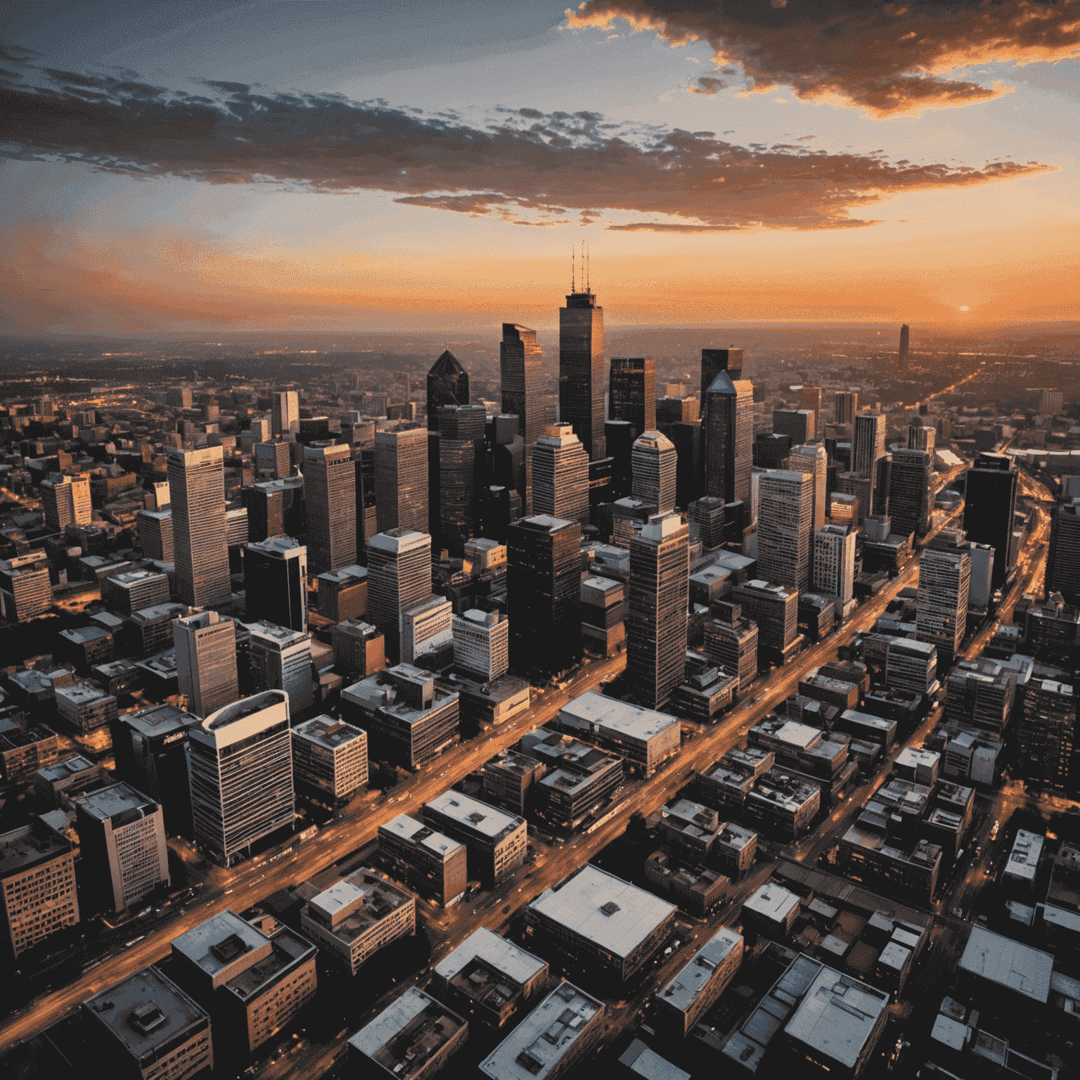 Aerial view of Johannesburg city skyline at sunset, representing the challenges and opportunities of doing business in South Africa