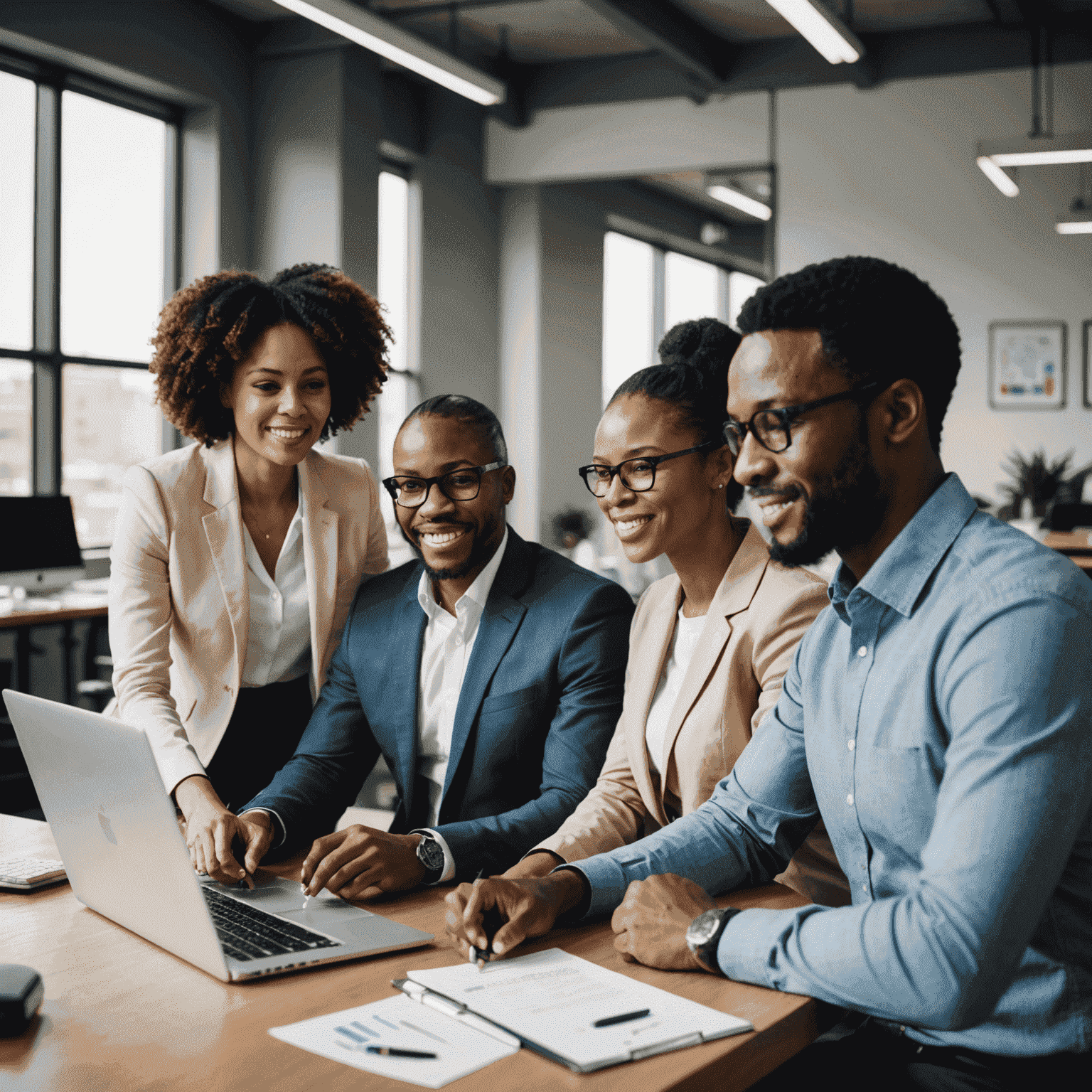 A diverse team of South African professionals collaborating effectively in an office setting